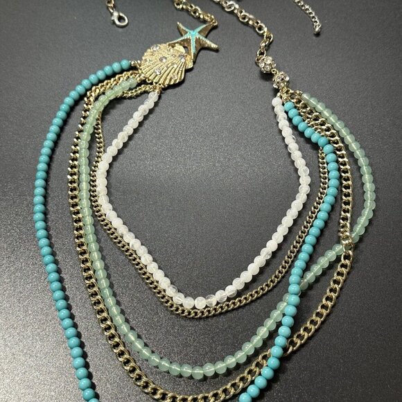 Necklace Multi Strand Ocean Blue Gold Tone Seashell - Picture 2 of 3